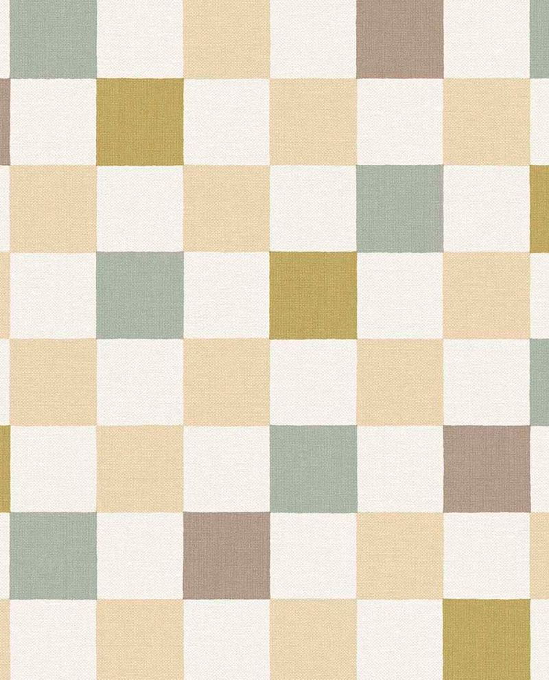 Patchwork Check wallpaper by Eijffinger in sage green, mustard and taupe, linen-textured checkerboard pattern