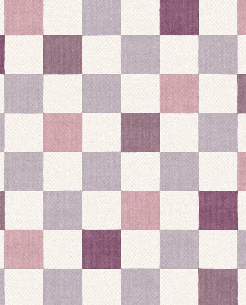 Patchwork Check wallpaper by Eijffinger in dusky mauve and lilac on cream, woven checkerboard squares