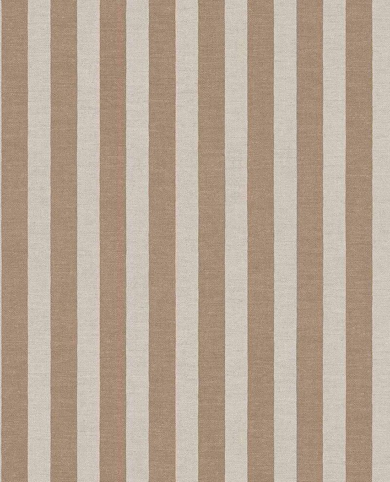 Storybook Stripe wallpaper by Eijffinger, vertical linen-textured stripes in warm taupe and cream, flat swatch