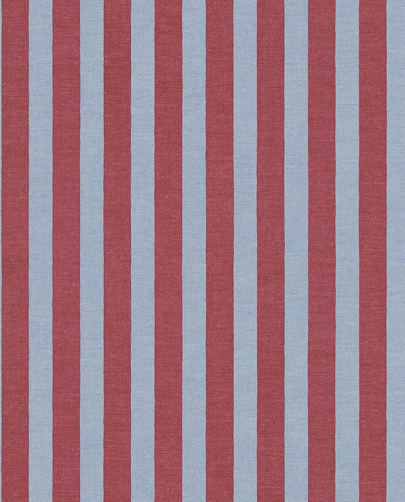 Storybook Stripe wallpaper by Eijffinger in brick red and pale blue, bold vertical stripes