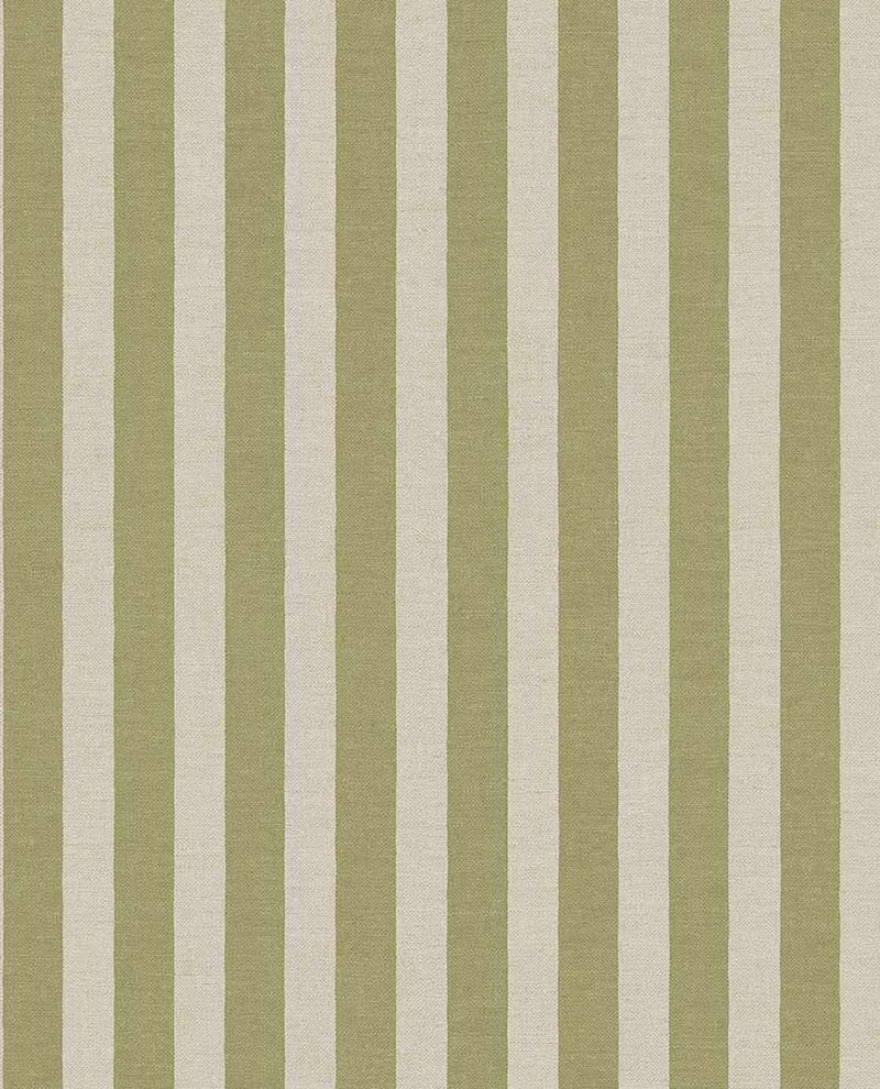 Storybook Stripe wallpaper by Eijffinger in olive green and cream, linen-textured vertical stripes