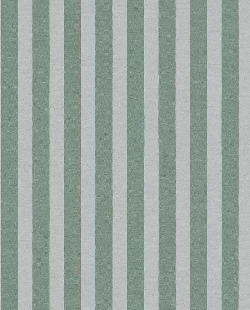 Storybook Stripe wallpaper by Eijffinger in sage green and soft grey, vertical stripes