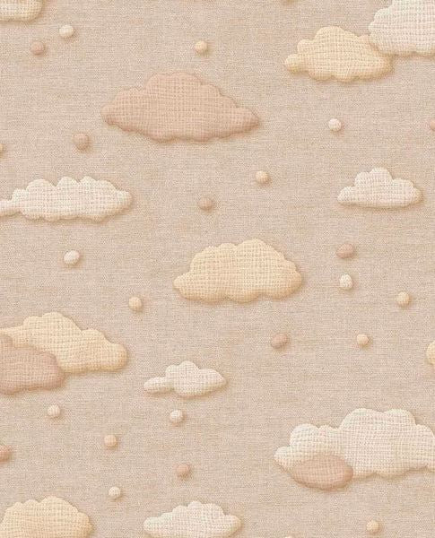 Cloud & Raindrop wallpaper by Eijffinger, embroidered-look clouds and dots in soft beige and tan on linen, flat swatch