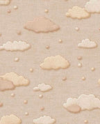 Cloud & Raindrop wallpaper by Eijffinger, embroidered-look clouds and dots in soft beige and tan on linen, flat swatch