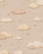 Cloud & Raindrop wallpaper by Eijffinger, embroidered-look clouds and dots in soft beige and tan on linen, flat swatch
