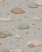 Cloud & Raindrop wallpaper by Eijffinger in sage green and taupe clouds with raindrop dots on grey linen