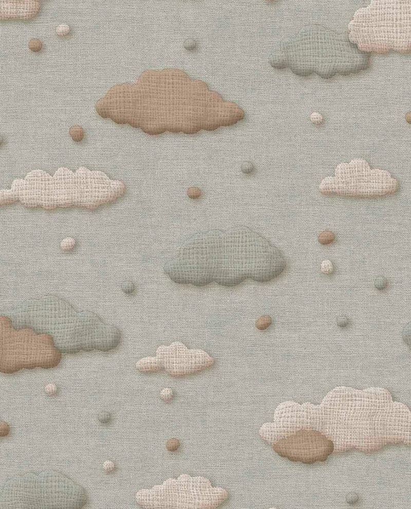 Cloud & Raindrop wallpaper by Eijffinger in sage green and taupe clouds with raindrop dots on grey linen