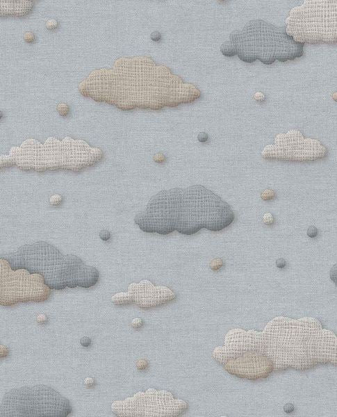 Cloud & Raindrop wallpaper by Eijffinger in soft grey and cream clouds with raindrops on blue-grey linen