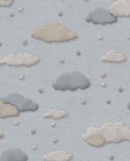 Cloud & Raindrop wallpaper by Eijffinger in soft grey and cream clouds with raindrops on blue-grey linen