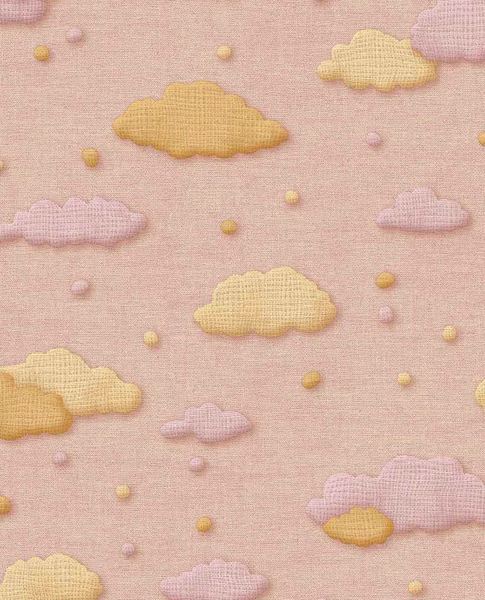 Cloud & Raindrop wallpaper by Eijffinger in yellow and pink clouds with dots on blush pink linen