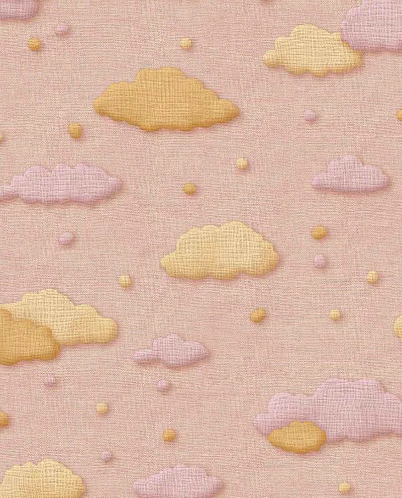 Cloud & Raindrop wallpaper by Eijffinger in yellow and pink clouds with dots on blush pink linen