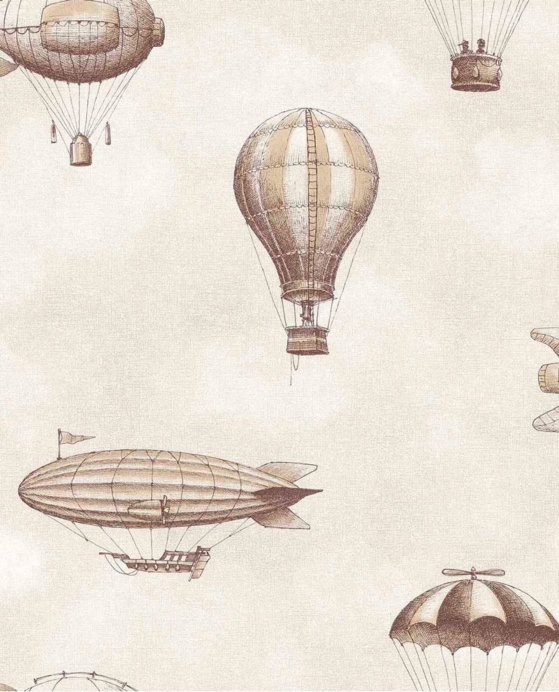 Up & Away wallpaper by Eijffinger in sepia, antique-style balloons and airships on a warm cream cloud ground, flat swatch.