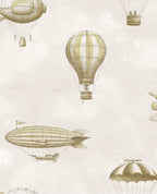 Up & Away wallpaper by Eijffinger in green, vintage balloons and airships floating on an off-white cloud ground, flat swatch.