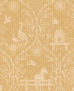 Meadow Folk wallpaper by Eijffinger in yellow, cream folk-art animals and botanicals on a warm mustard ground, flat swatch.