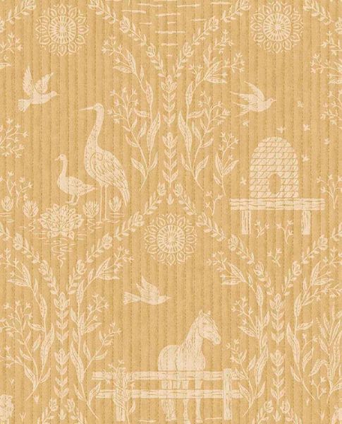 Meadow Folk wallpaper by Eijffinger in yellow, cream folk-art animals and botanicals on a warm mustard ground, flat swatch.