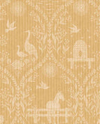 Meadow Folk wallpaper by Eijffinger in yellow, cream folk-art animals and botanicals on a warm mustard ground, flat swatch.
