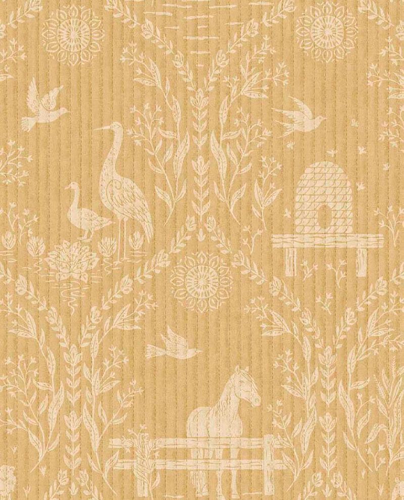 Meadow Folk wallpaper by Eijffinger in yellow, cream folk-art animals and botanicals on a warm mustard ground, flat swatch.