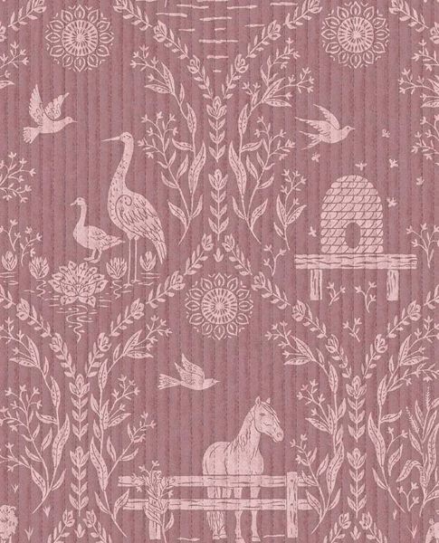 Meadow Folk wallpaper by Eijffinger in mauve, soft folk-art animals and foliage on a dusky rose ground, flat swatch.