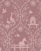 Meadow Folk wallpaper by Eijffinger in mauve, soft folk-art animals and foliage on a dusky rose ground, flat swatch.