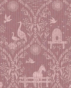 Meadow Folk wallpaper by Eijffinger in mauve, soft folk-art animals and foliage on a dusky rose ground, flat swatch.