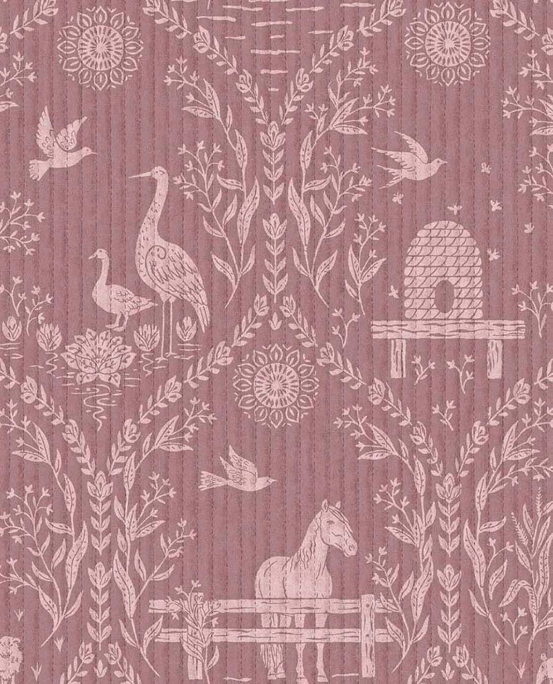 Meadow Folk wallpaper by Eijffinger in mauve, soft folk-art animals and foliage on a dusky rose ground, flat swatch.