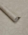 Pebble Relief wallpaper by Eijffinger in greige, organic pebble outline pattern shown on a rolled product shot