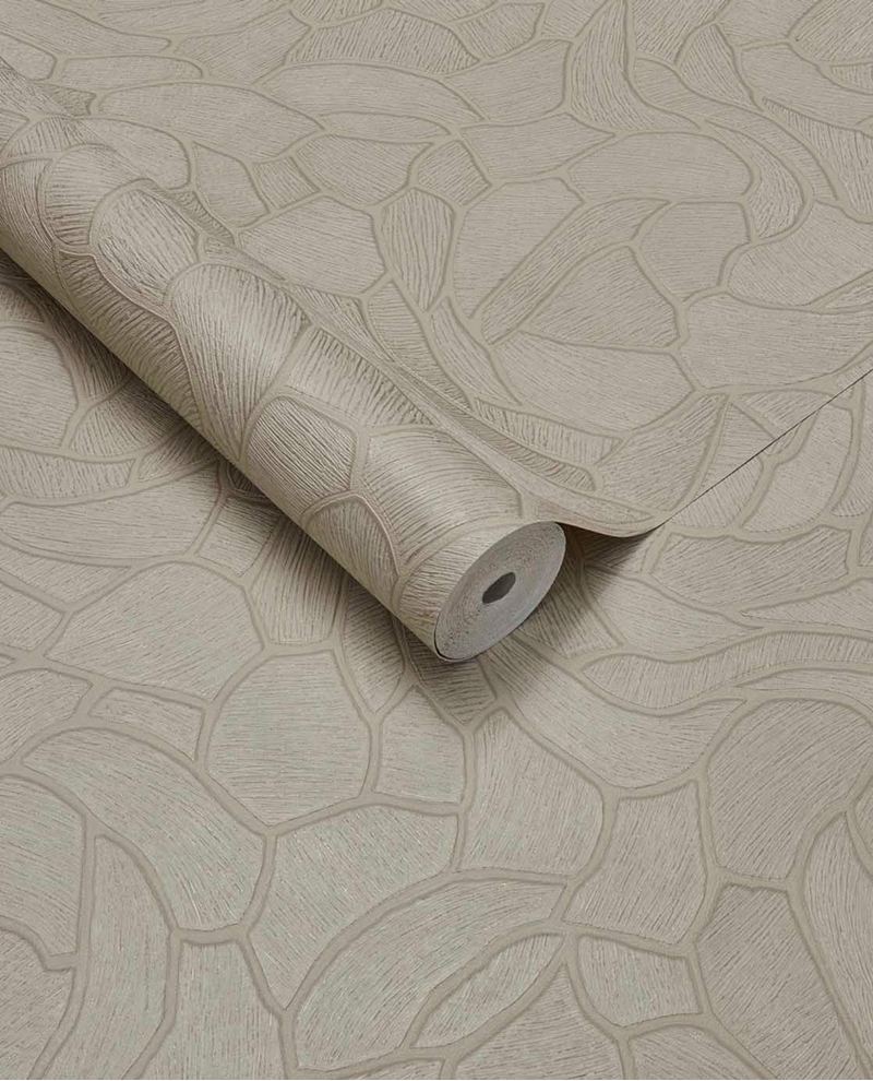 Pebble Relief wallpaper by Eijffinger in greige, organic pebble outline pattern shown on a rolled product shot