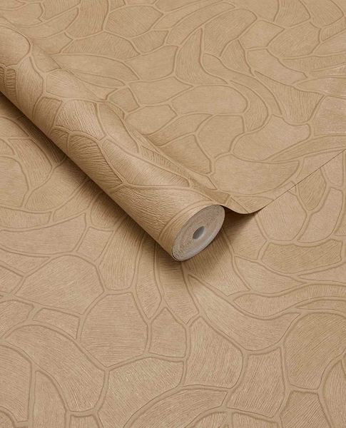 Pebble Relief wallpaper by Eijffinger in warm caramel tan, pebble outline pattern, rolled product shot