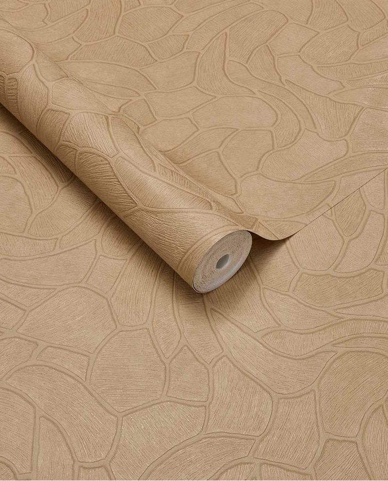 Pebble Relief wallpaper by Eijffinger in warm caramel tan, pebble outline pattern, rolled product shot