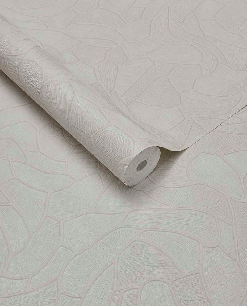 Pebble Relief wallpaper by Eijffinger in pale silver grey, pebble outline pattern, rolled product shot