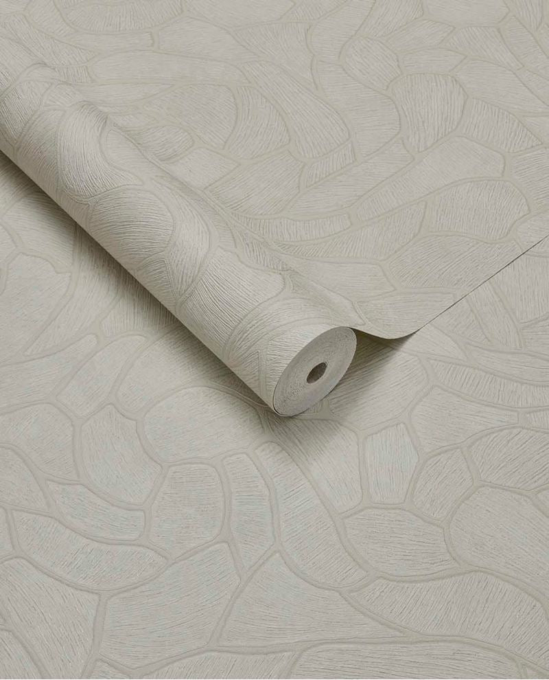 Pebble Relief wallpaper by Eijffinger in soft linen white, pebble outline pattern, rolled product shot