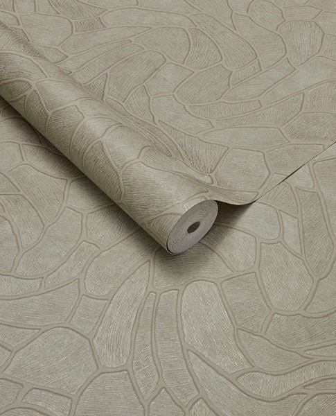 Pebble Relief wallpaper by Eijffinger in natural sage-grey, pebble outline pattern, rolled product shot