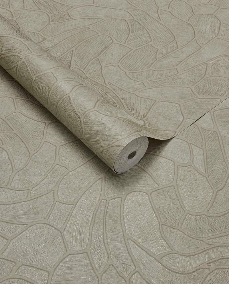 Pebble Relief wallpaper by Eijffinger in natural sage-grey, pebble outline pattern, rolled product shot