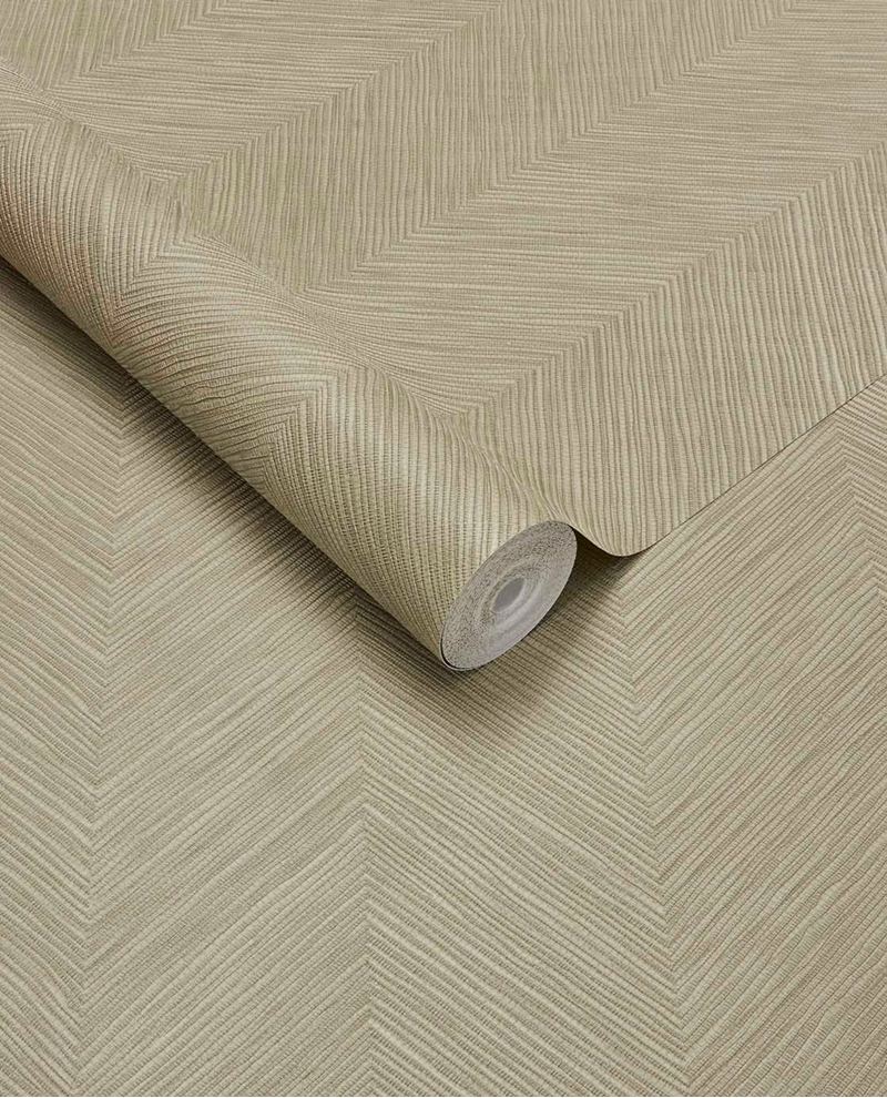 Woven Herringbone wallpaper by Eijffinger in greige, woven chevron texture on a partly unrolled roll