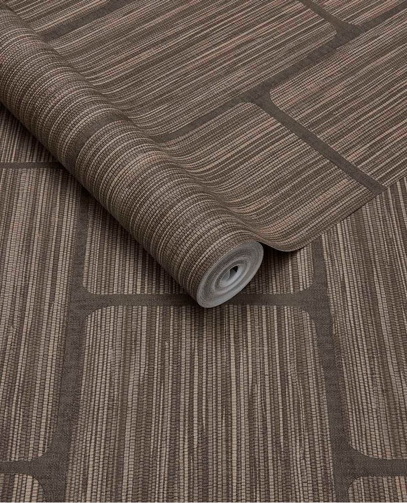 Woven Grid wallpaper by Eijffinger in chocolate brown, grasscloth weave with grid panel outlines, rolled product shot
