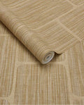 Woven Grid wallpaper by Eijffinger in golden straw, grasscloth weave with grid panel outlines, rolled product shot