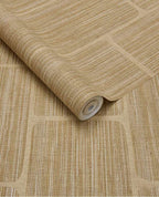 Woven Grid wallpaper by Eijffinger in golden straw, grasscloth weave with grid panel outlines, rolled product shot