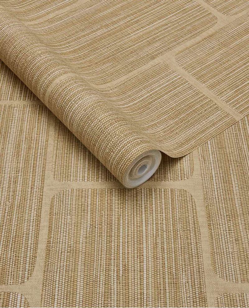 Woven Grid wallpaper by Eijffinger in golden straw, grasscloth weave with grid panel outlines, rolled product shot