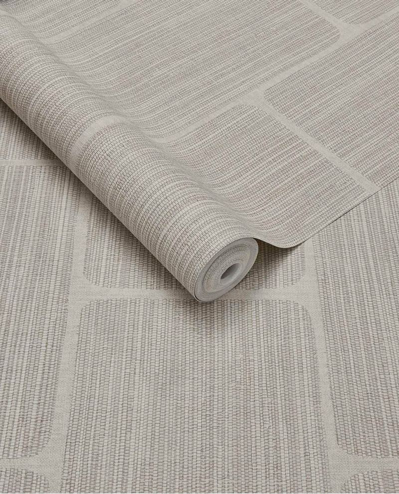 Woven Grid wallpaper by Eijffinger in pale grey-beige, grasscloth weave with grid panel outlines, rolled product shot
