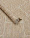 Woven Grid wallpaper by Eijffinger in warm wheat tan, grasscloth weave with grid panel outlines, rolled product shot