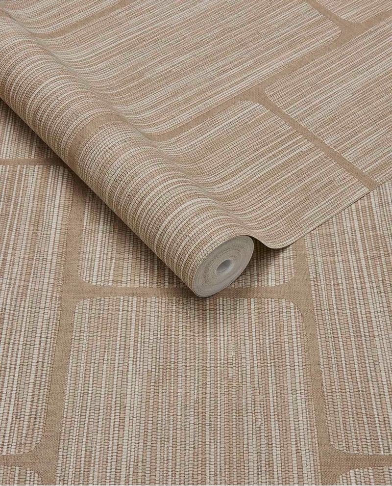 Woven Grid wallpaper by Eijffinger in clay sand, grasscloth weave with grid panel outlines, rolled product shot