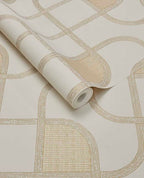 Looping Line wallpaper by Eijffinger in cream with gold curved interlocking line motif, rolled product shot