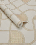 Looping Line wallpaper by Eijffinger in cream with gold curved interlocking line motif, rolled product shot