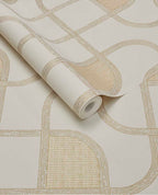 Looping Line wallpaper by Eijffinger in cream with gold curved interlocking line motif, rolled product shot