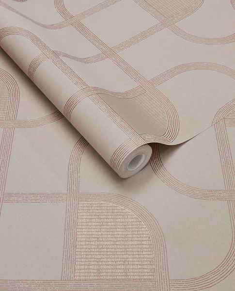 Looping Line wallpaper by Eijffinger in greige with dusty rose looping line motif, rolled product shot