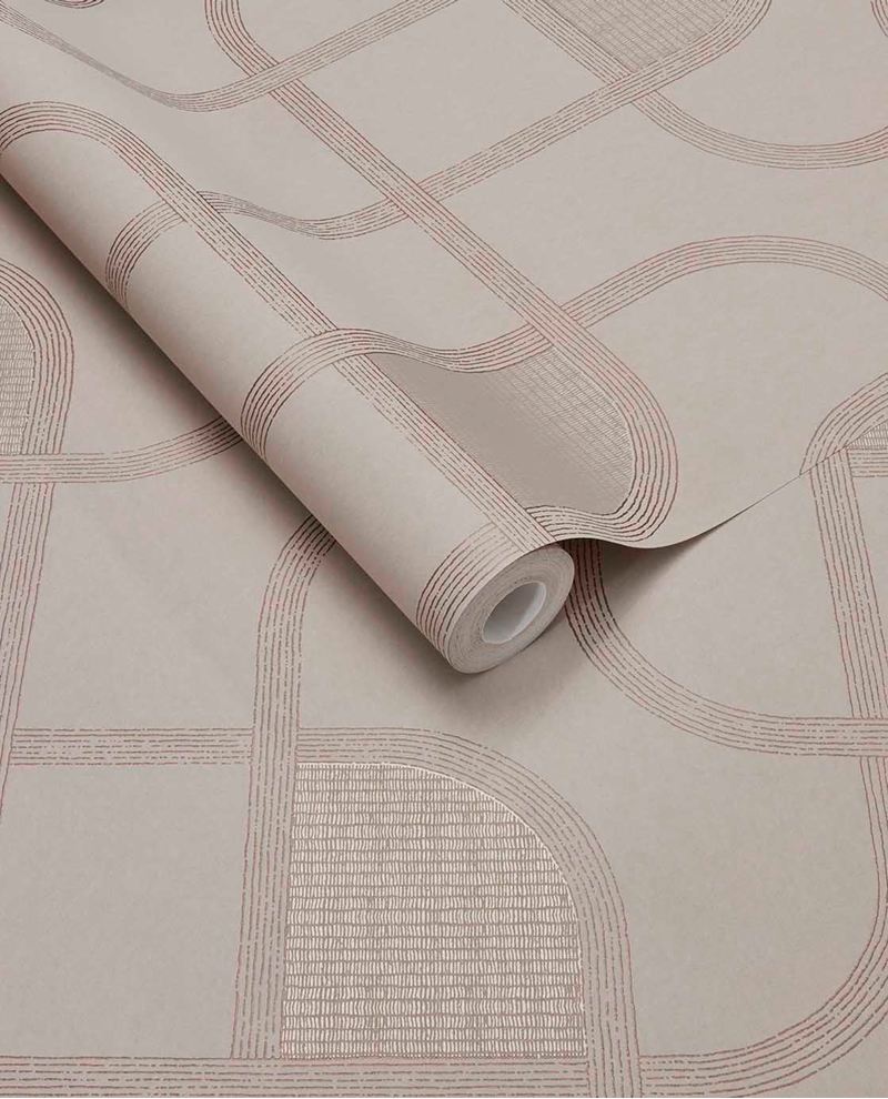 Looping Line wallpaper by Eijffinger in greige with dusty rose looping line motif, rolled product shot