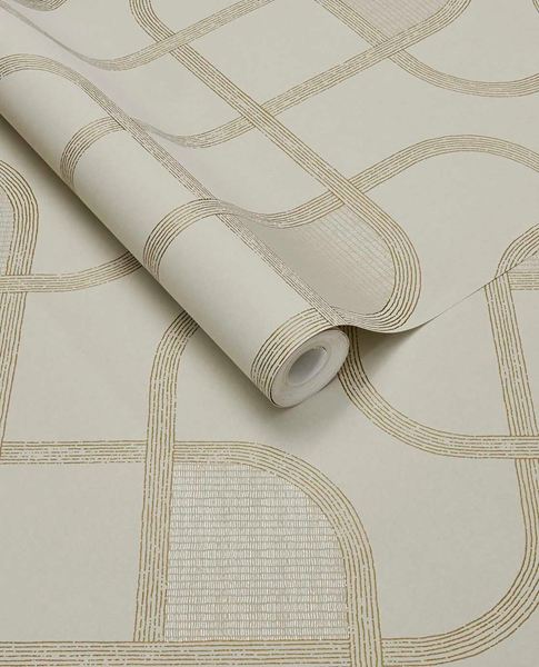 Looping Line wallpaper by Eijffinger in soft ivory with fine gold looping line motif, rolled product shot