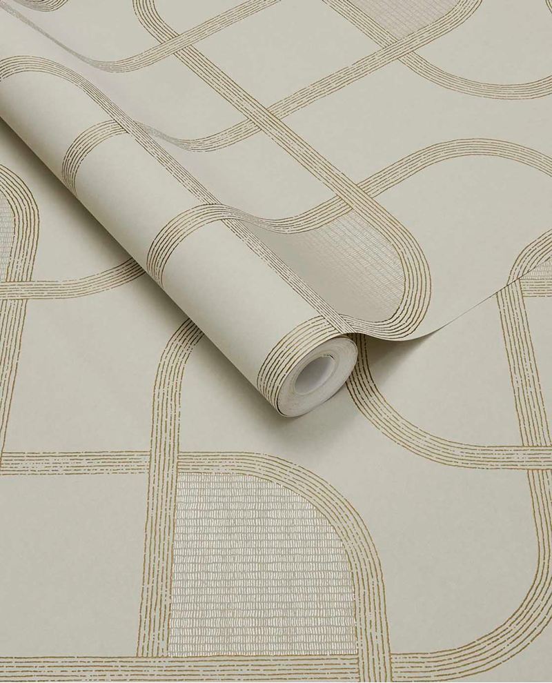 Looping Line wallpaper by Eijffinger in soft ivory with fine gold looping line motif, rolled product shot