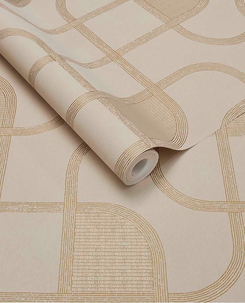 Looping Line wallpaper by Eijffinger in warm sand with gold looping line motif, rolled product shot