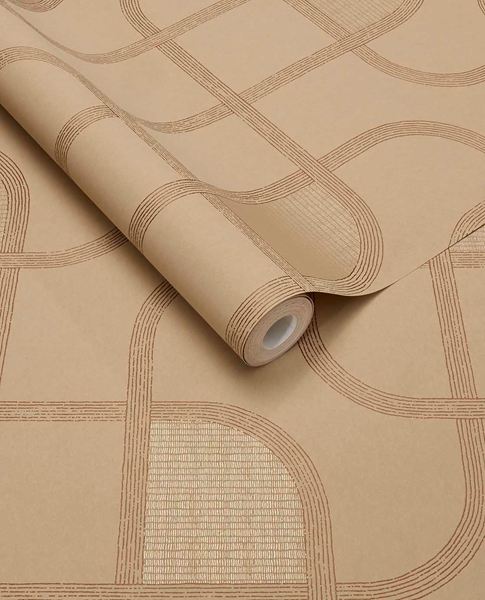 Looping Line wallpaper by Eijffinger in caramel tan with tonal looping line motif, rolled product shot